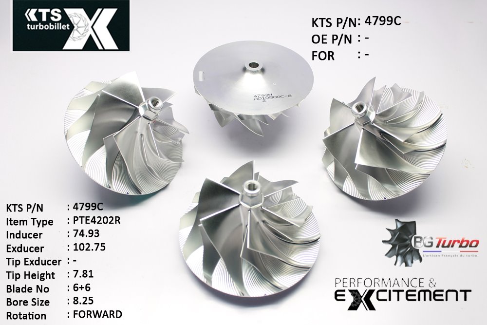 Turbo ROUE FORGÉE MFS PERFORMANCE - 6+6 PALES - INDUCER : 74,93 - EXDUCER : 102,75 - TYPE : PTE4202RANGLE : 55° - ROTATION : Forward - SUPER BACK : 9,51 - BORE SIZE : 8,25
